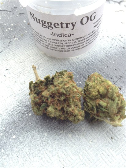 Nuggetry OG marijuana strain flower with diesel and pungent flavor and giggly / creative effects - Rare Harvest indica