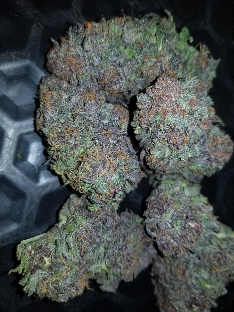Purple Dog Poop marijuana strain flower with lavender and grape flavor and energetic / happy effects - Rare Harvest hybrid
