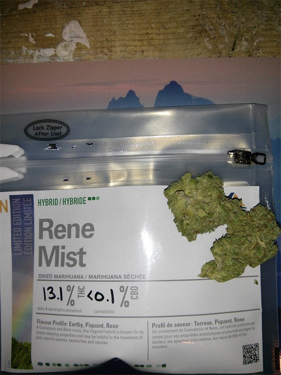 Rene Mist marijuana strain flower with rose and flowery flavor and hungry / happy effects - Rare Harvest hybrid