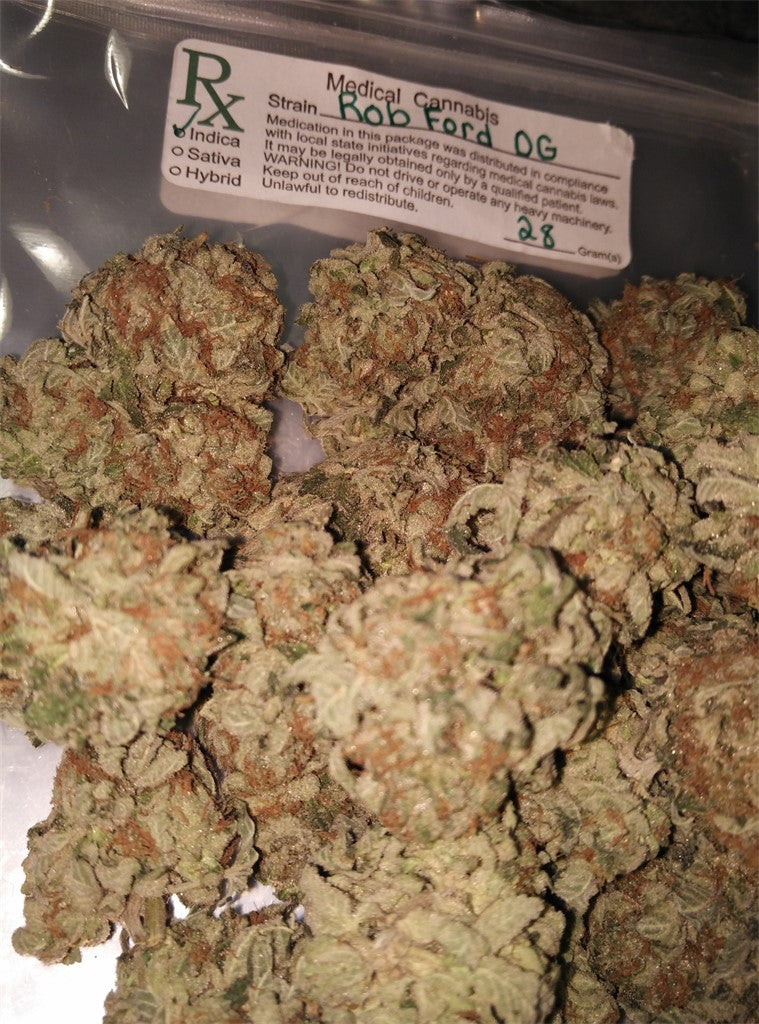 Rob Ford Kush marijuana strain flower with lemon and skunk flavor and hungry / giggly effects - Rare Harvest hybrid