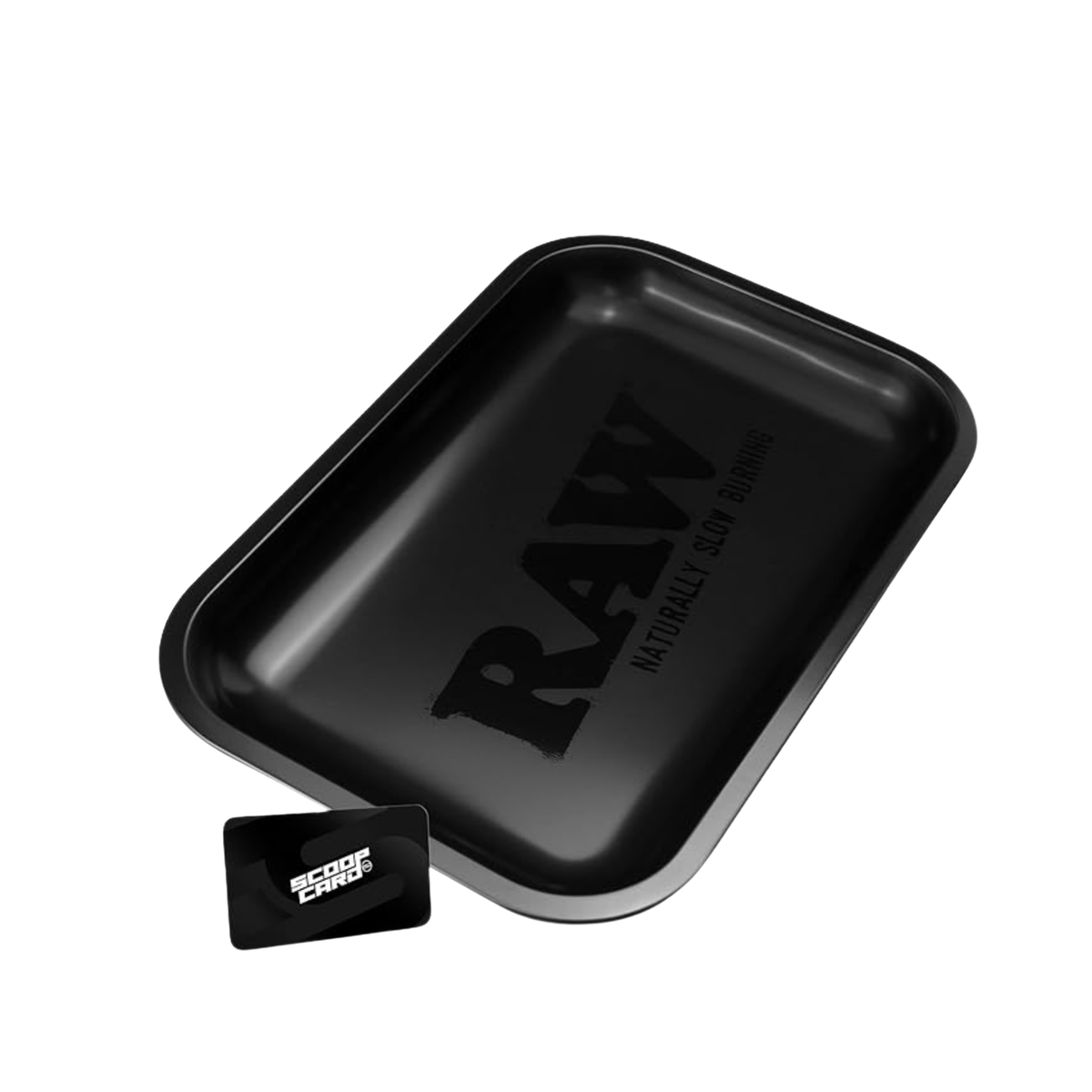 RAW rolling tray close-up showing smooth matte black finish